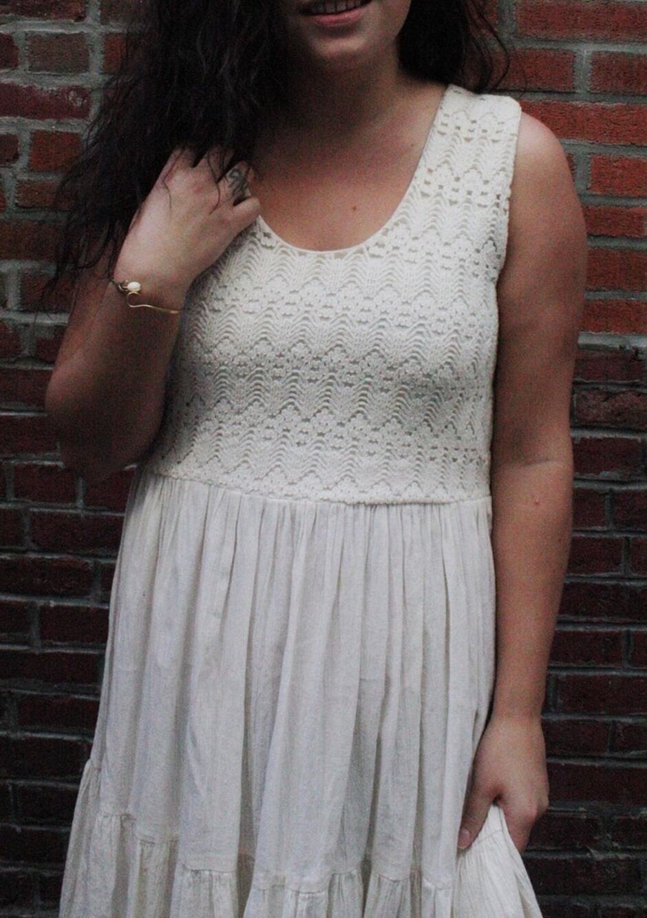 Vintage 60s Crochet Gauze Midi Dress | Ivory Cotton Lace Cottagecore Boho | L